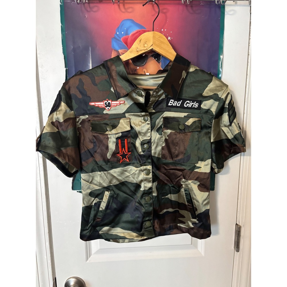 Magic Fit Bad Girl Camo Satin Shirt Vintage Y2K Military Patch Cropped Top L
